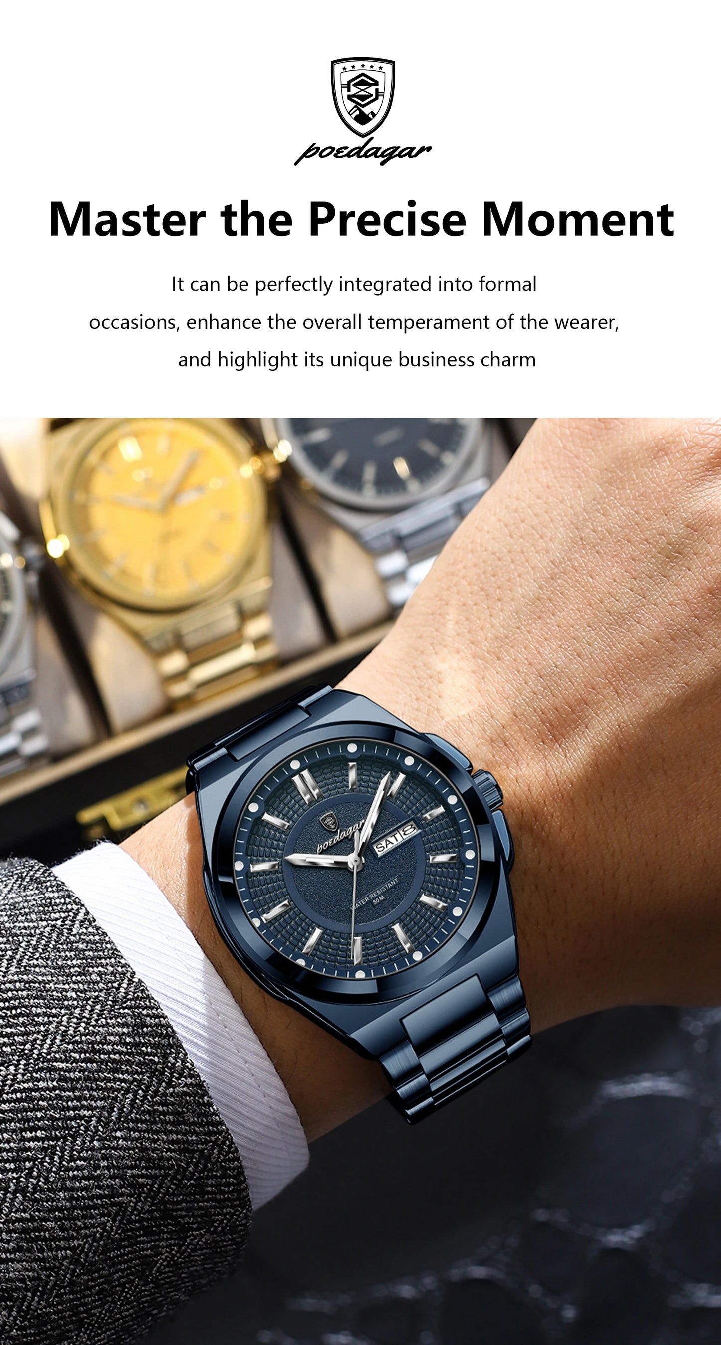 POEDAGAR Top Business Men Wristwatch Stainless Steel Waterproof Luminous Casual Man Watch Date Week Stylish Men's Quartz Watches