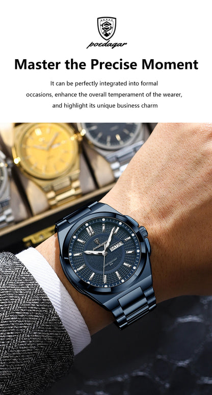 POEDAGAR Top Business Men Wristwatch Stainless Steel Waterproof Luminous Casual Man Watch Date Week Stylish Men's Quartz Watches