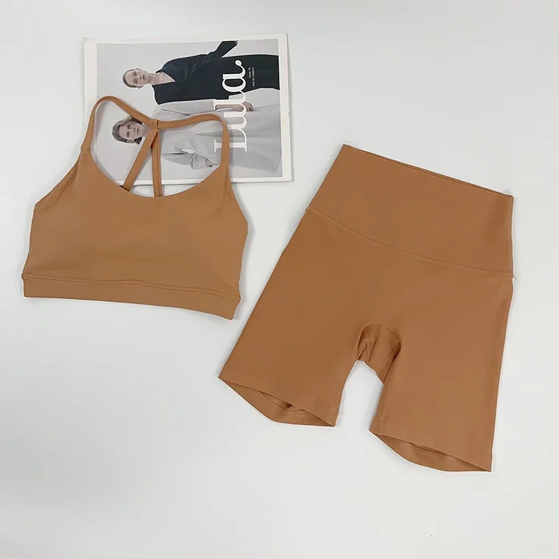 2 Piece Women Yoga Shorts Set Tracksuit Yoga Vest High Waist Shorts Quick-Drying Comfort Elastic Running Workout Sportswear