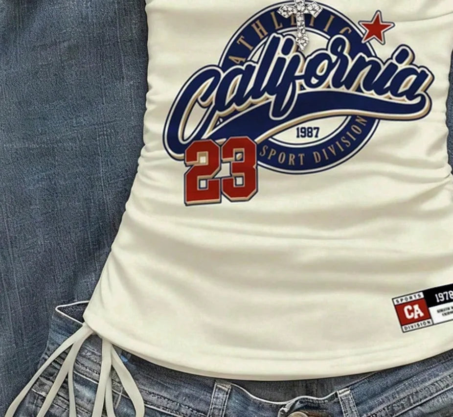 Printed Drawstring Tie-Front Crop Top