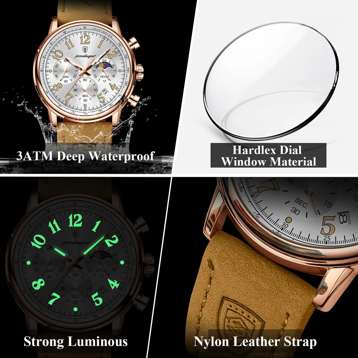POEDAGAR Luxury Sports Men Watch Waterproof Luminous Leather Quartz Man Wristwatch Chronograph Date Military Men's Watches Reloj
