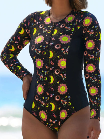 2025 New Swimwear Women Print Floral One Piece Swimsuit Long Sleeve Bathing Suit Swimsuit Vintage Beachwear Surfing Swim Suit