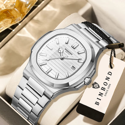 BINBOND sturdy stainless steel strap quartz wristwatches for men luxury luminous waterproof auto date accurate men's watch reloj