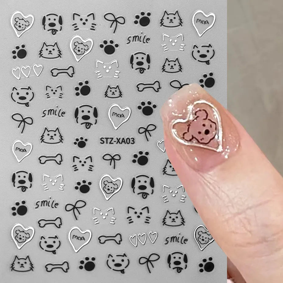 2pcs 3D Cute Silver Smile Dog Decals Y2K Cartoon Cat Footprint Nail Stickers Graffiti Star Heart Bowknot Manicure Slider Decor