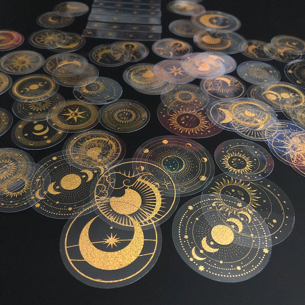 70 pcs Glitter Gold PET Adhesive Stickers Waterproof Transparent Label: SUN MOON Stars Etc