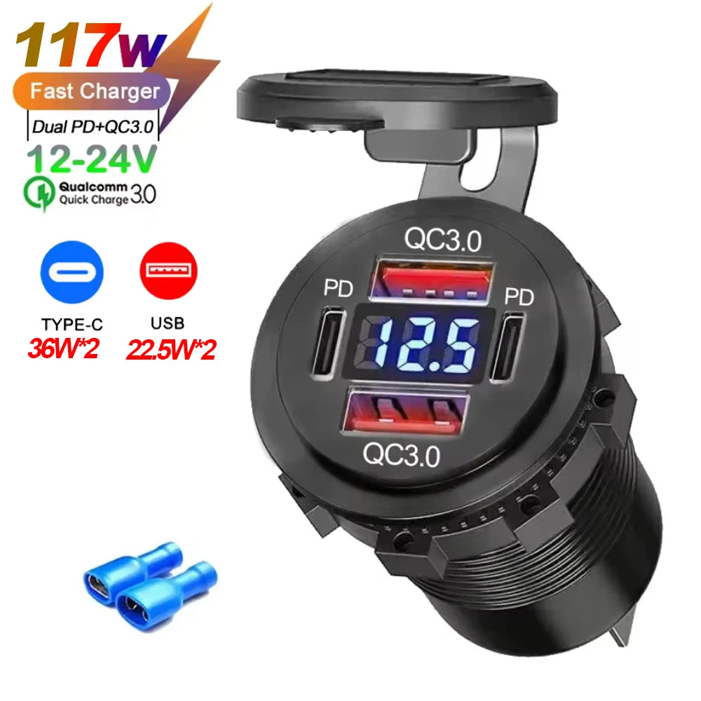 NEW 117W Dual PD Dual QC 3.0 USB Car Charger with Voltmeter Socket Power Outlet Adapter Waterproof for 12V/24V Car Boat Hot Sale