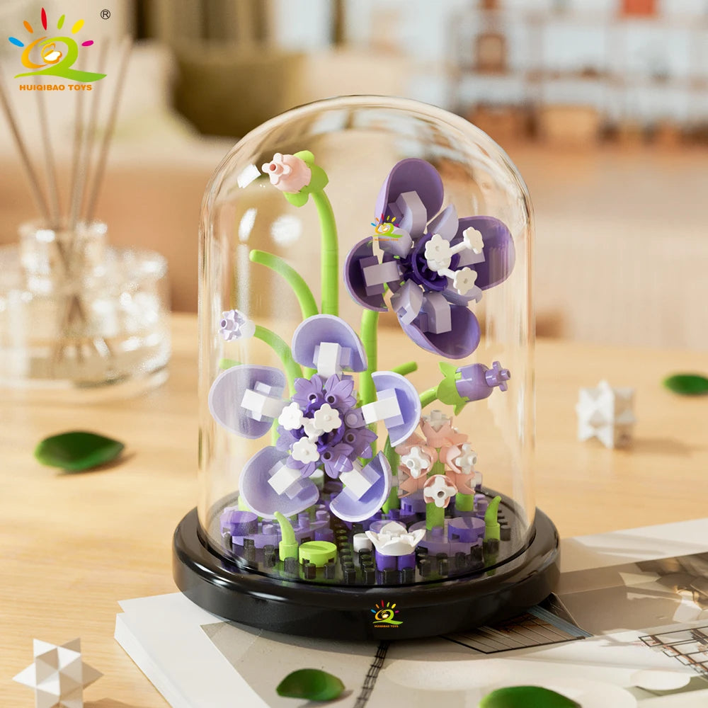 HUIQIBAO MOC Eternal Bouquet Display Box Micro Building Blocks Flower Model DIY Home Desk Plant Decoration Brick Toy For Childre