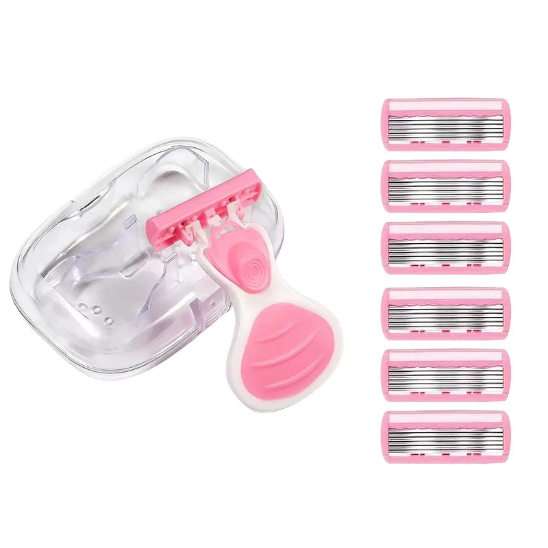 6-layer Portable Women Razor for Travel Face Leg Bikini Body Hair Shaving With Protective Net Blade Lady Manual Shaver Set