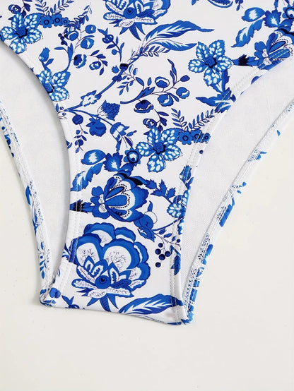 Blue One-Shoulder Ruffled Print Floral Swimsuit Set Cover Up Single Piece Micro Monokini Sexy Swimwear For Girls Summer Beach