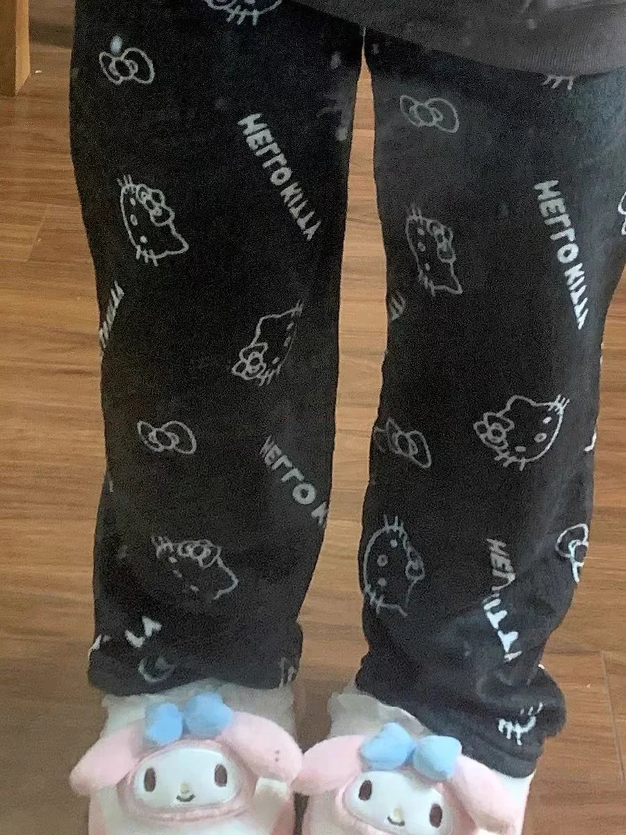 Christmas Sanrio Hello Kitty Pajamas Halloween Flannel Fashion Trouserswomen Kawaii Woolen Anime Cartoon Casual Home Pant Autumn