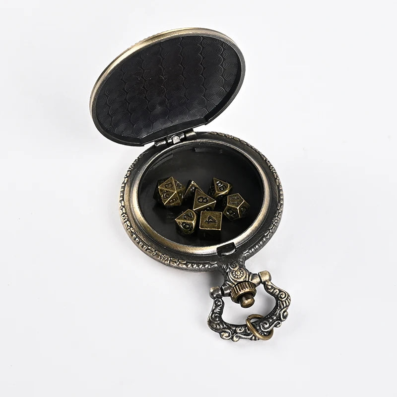 7pcs DND Mini Dice with Pocket Watch Case Set Portable Polyhedron Metal Dice Perfect for Dungeons&Dragons,Table RPG