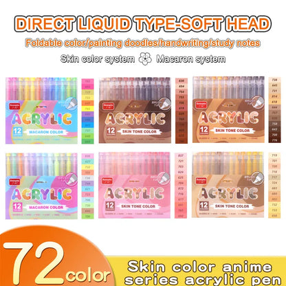 GuangNa 12-72 Colors Soft Brush Acrylic Marker Pen Set,Skin Tone, Macaron color,DIY Hand Drawn,Paint Art Markers pens,GN.8201F/M