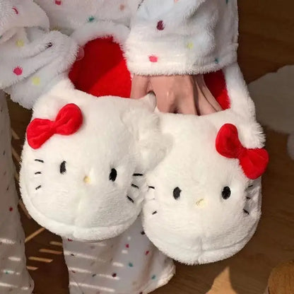 Kawaii Hellokitty Anime Warm Cotton Slippers Autumn Winter Thick Anti Slip Cartoon Plush House Slippers For Girls Surprise Gifts