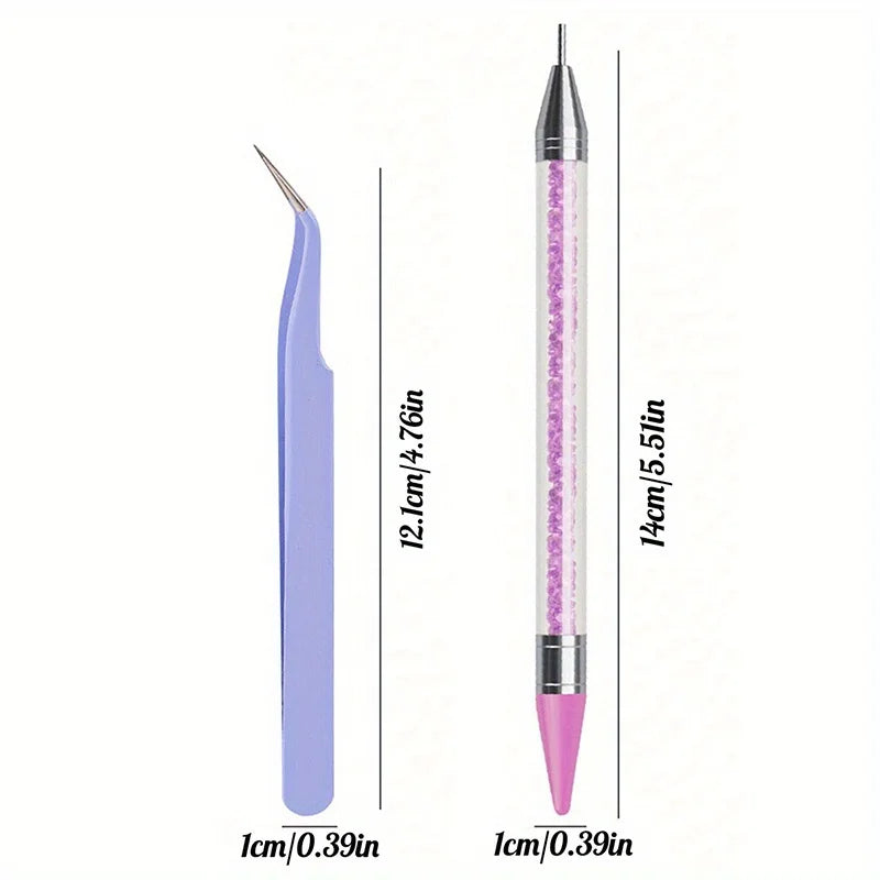 2Pcs set of manicure double-ended diamond pens with crayons stainless steel tweezers nail art grafting eyelashes manicure tools