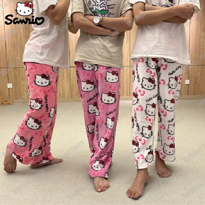 Christmas Sanrio Hello Kitty Pajamas Halloween Flannel Fashion Trouserswomen Kawaii Woolen Anime Cartoon Casual Home Pant Autumn