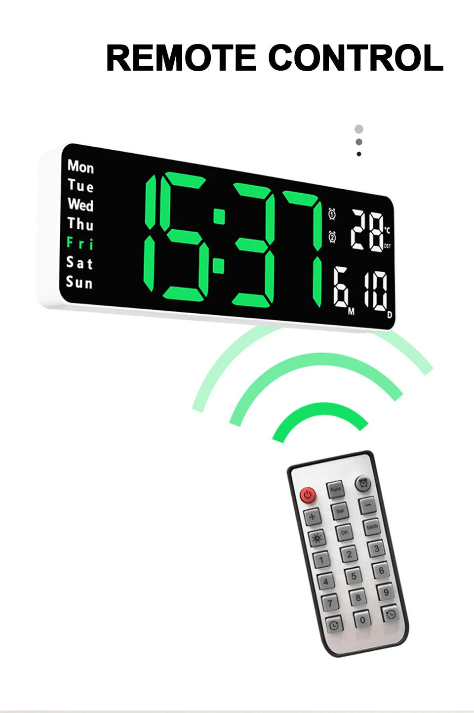 Large Digital Wall Clock Remote Control Temp Date Week Display Power Off Memory Table Clock Wall-mounted Dual Alarms LED Clocks