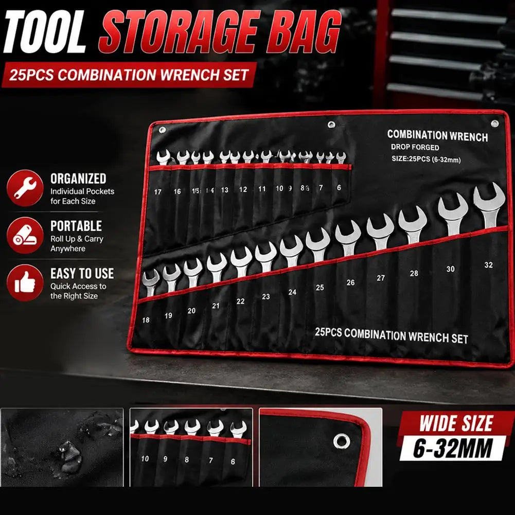 25 Slots Wrench Storage Roll Up Bag Portable Heavy Duty 6-32mm Woven Tool Organizer Pouch Tool Storage Bag Wrench Holder