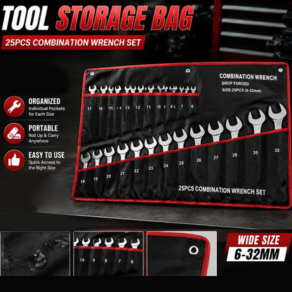 25 Slots Wrench Storage Roll Up Bag Portable Heavy Duty 6-32mm Woven Tool Organizer Pouch Tool Storage Bag Wrench Holder