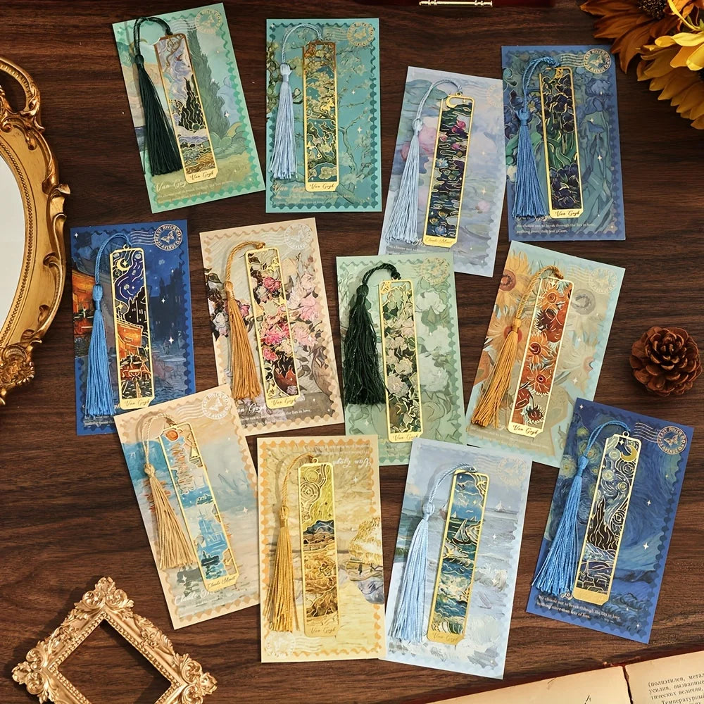Vintage Oil Painting Metal Bookmarks - Hollow Hot Stamping Long Tassel Bookmarks - Stationery Gifts for Book Clubs, Book Lovers,