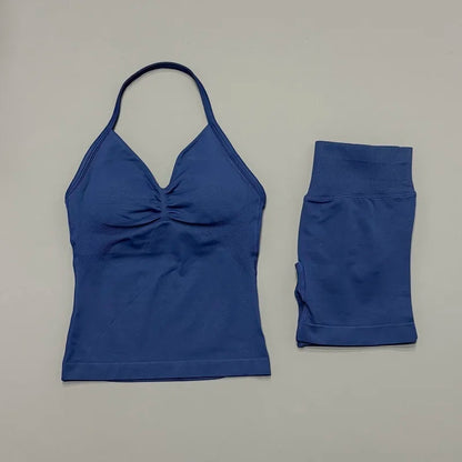 Yoga 2 Pieces Gym Set Women Backless Halter Tops High Waist Seamless Shorts Gym Suit Fitness Sports Bras Sportswear Workout Sets