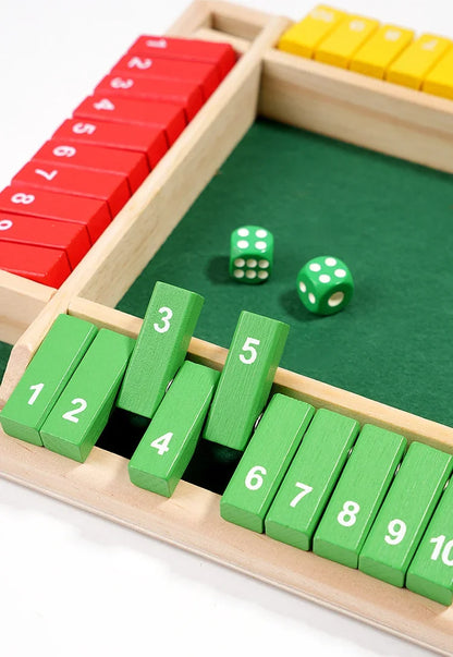 Wooden Arithmetic Dice Board Game – Flip Card Box with 4-Sided Number Tiles, Fun Multiplayer Dice Game for Family & Party