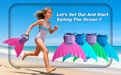 Adjustable Mermaid Silicone Fins Swimming Training & Beach, Soft Body Hard Fin with 3 Non-Slip Grips, Photo Cosplay Gear for Kid
