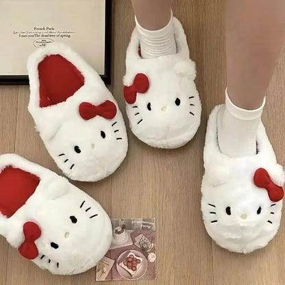 Kawaii Hellokitty Anime Warm Cotton Slippers Autumn Winter Thick Anti Slip Cartoon Plush House Slippers For Girls Surprise Gifts