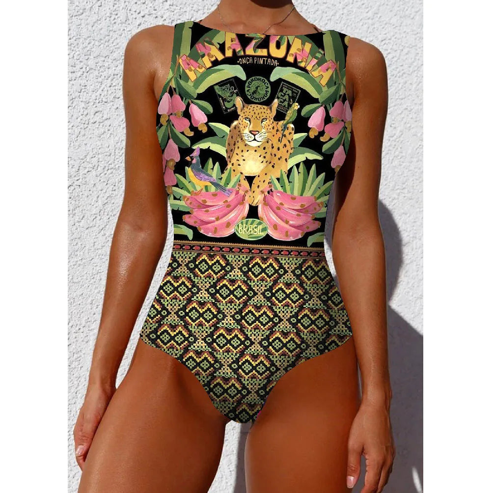 2026 New Printed One-piece Swimsuit Classic Printed Lace Up Swimsuit Women's Push Up Flower One-piece Suit Beach Wear For Female