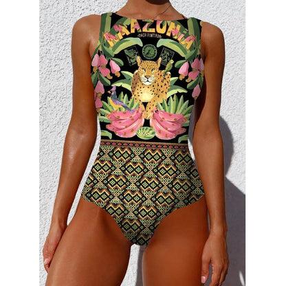 2026 New Printed One-piece Swimsuit Classic Printed Lace Up Swimsuit Women's Push Up Flower One-piece Suit Beach Wear For Female