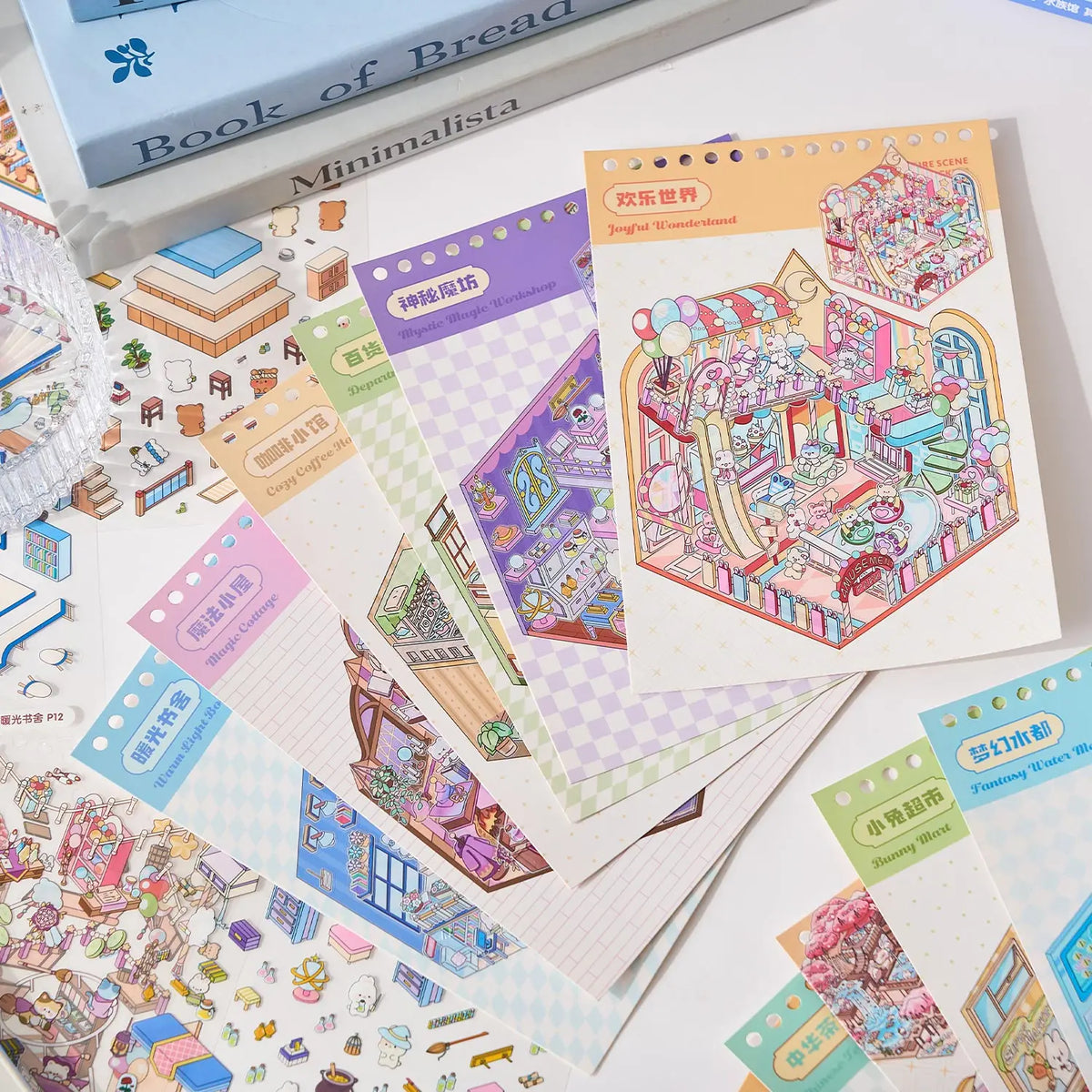 Mr Paper 49pcs/bag Business Town Series Mini 3D Miniature Scenography Sticker Book Visual Stacking Scene Stickers DIY Gift Decor