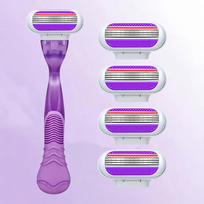 Women Razor 1 Handle 3 Layer Cartridges Stainless Steel Blade Rubber Handle Reusable Body Hair Remove Razor Blade