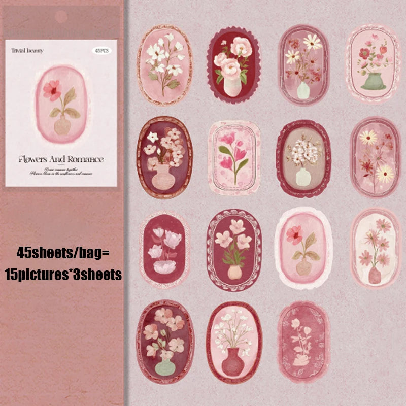Mr. Paper 45pcs Serene Florals Sticker Pack - Boxed Flower Theme Collection, DIY Journal Collage Decor Set, Literary Stationery