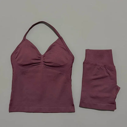 Yoga 2 Pieces Gym Set Women Backless Halter Tops High Waist Seamless Shorts Gym Suit Fitness Sports Bras Sportswear Workout Sets