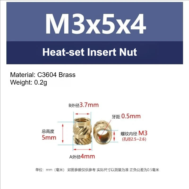 100pcs M3 Thread Knurled Brass Threaded Heat Set Heat Resistant Insert Embedment Nut for 3D Printer Voron 2.4 M3x5x4