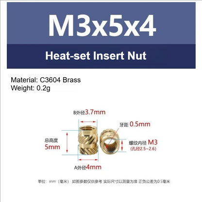 100pcs M3 Thread Knurled Brass Threaded Heat Set Heat Resistant Insert Embedment Nut for 3D Printer Voron 2.4 M3x5x4