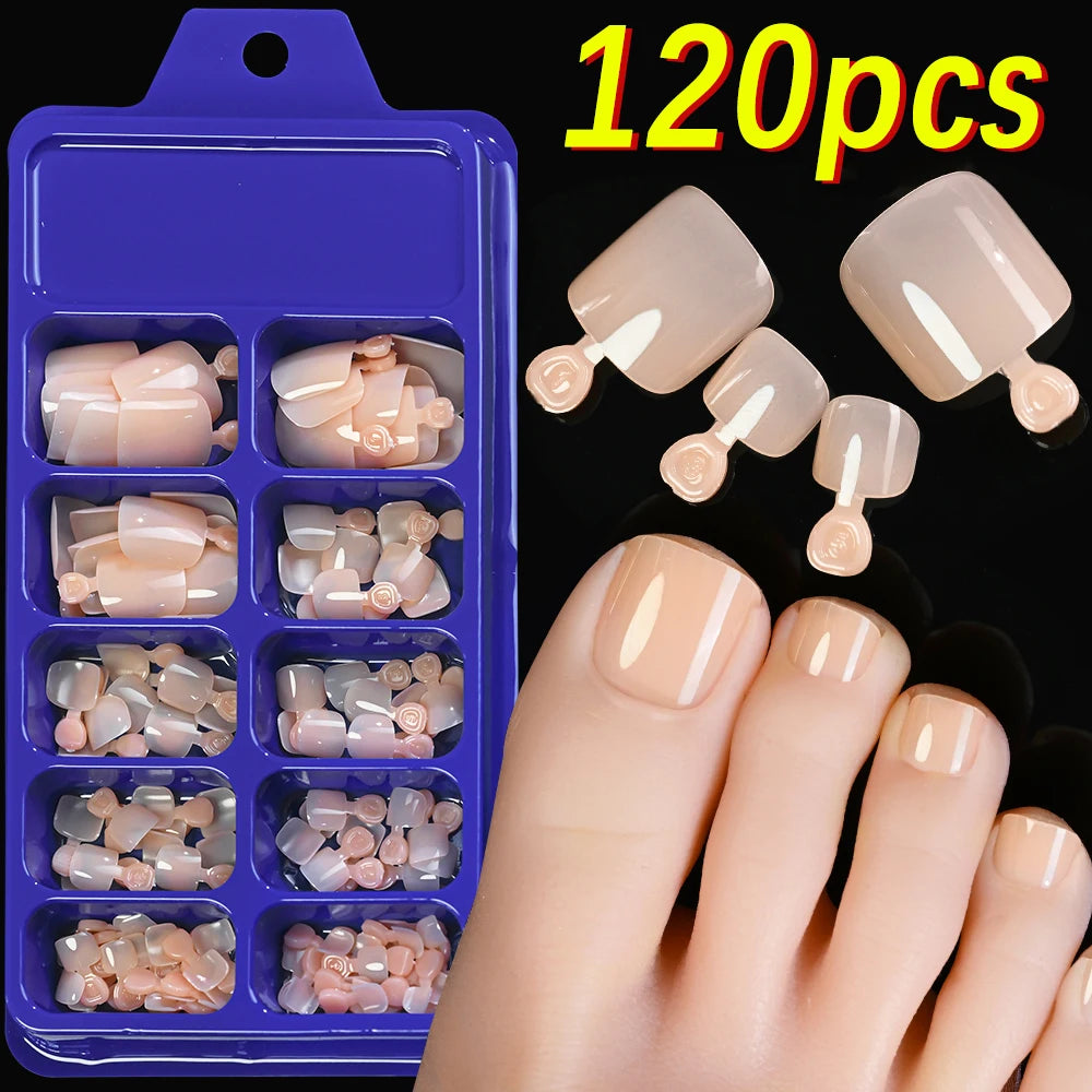 120Pcs 9-Colors French Fake Toenails Summer Short Sqaure Press On Toe Nails Tips Glossy Nude/Pink/Brown Full Cover False Toenail