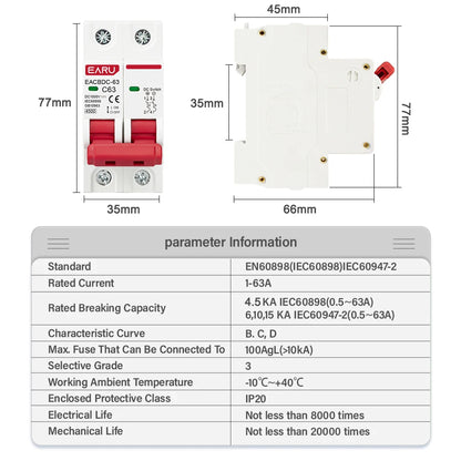 DC 1000V Solar Mini Circuit Breaker Overload Protection Switch 6A/10A/16A/20A/25A/32A/40A/50A/63A 2P DC1000V Photovoltaic MCB PV