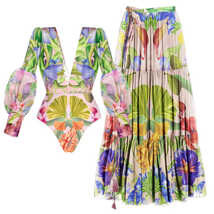 Blue One-Shoulder Ruffled Print Floral Swimsuit Set Cover Up Single Piece Micro Monokini Sexy Swimwear For Girls Summer Beach