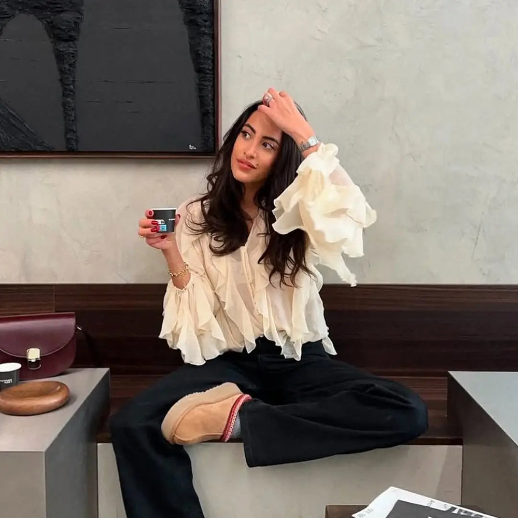 YENKYE New 2025 Women Sexy Semi-sheer Ruffle Shirt Long Sleeve V Neck Front Button Autumn Blouse Burgundy Blusas Mujer