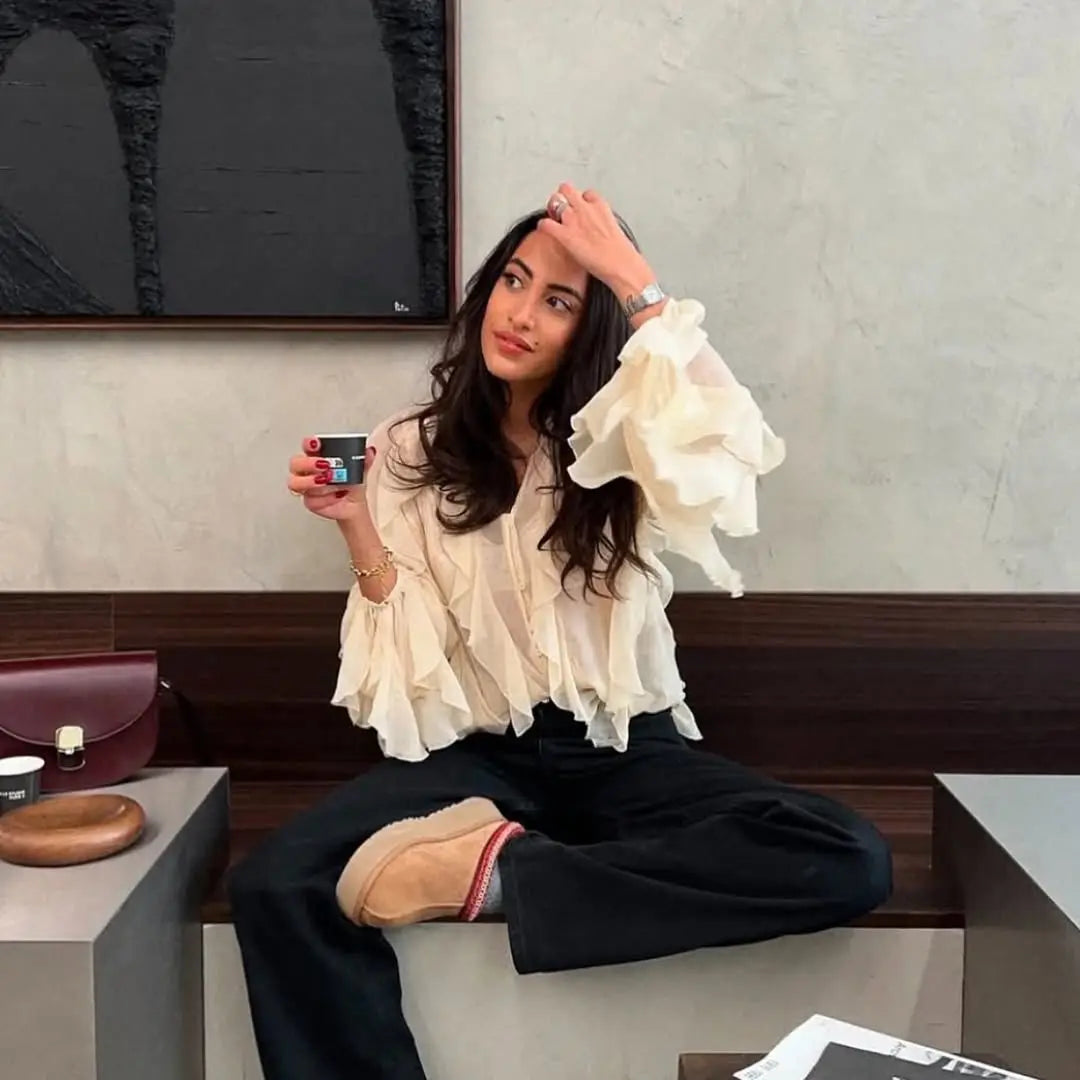 YENKYE New 2025 Women Sexy Semi-sheer Ruffle Shirt Long Sleeve V Neck Front Button Autumn Blouse Burgundy Blusas Mujer
