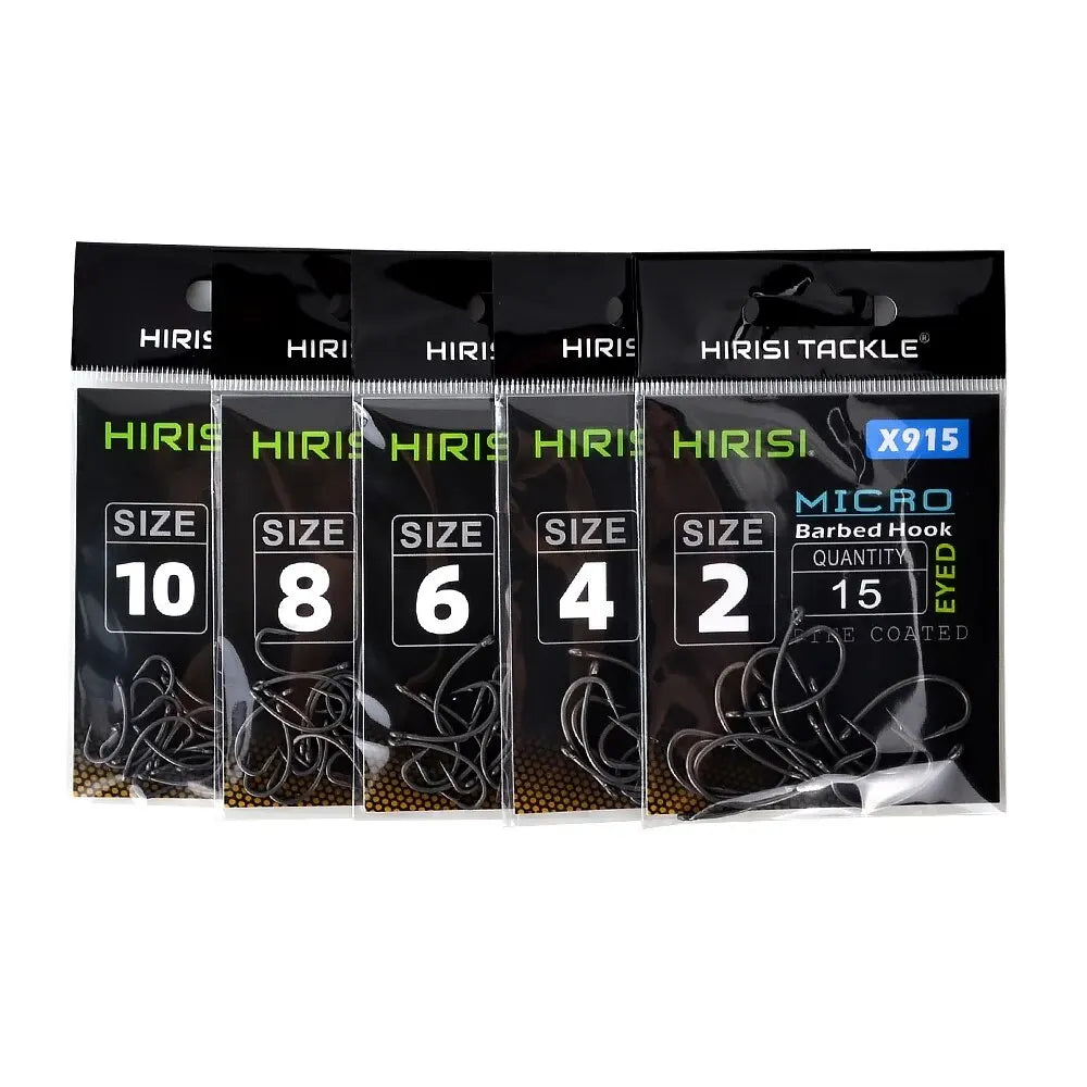 Hirisi 15x Carp Fishing Hooks With Eye Micro Barb High Carbon Steel Fish Hooks PTFE Coated Fishing Accessories X915