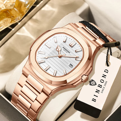 BINBOND sturdy stainless steel strap quartz wristwatches for men luxury luminous waterproof auto date accurate men's watch reloj