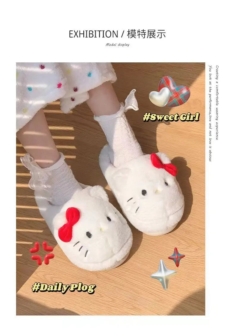 Kawaii Hellokitty Anime Warm Cotton Slippers Autumn Winter Thick Anti Slip Cartoon Plush House Slippers For Girls Surprise Gifts