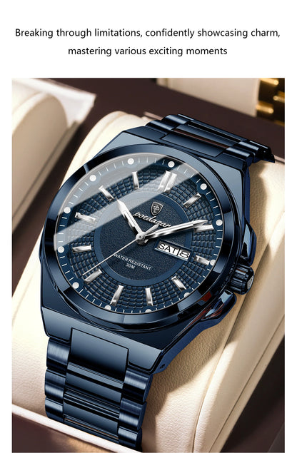 POEDAGAR Top Business Men Wristwatch Stainless Steel Waterproof Luminous Casual Man Watch Date Week Stylish Men's Quartz Watches