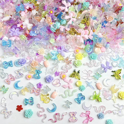 100PCS Random Mixed Strawberry Flowers Nail Charms Sweet Resin Flatback Moon Nail Art Decoration Accessories Manicure DIY