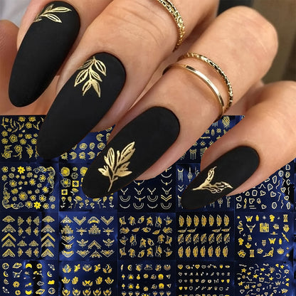30 Sheets Golden Floral Nail Art Stickers - 3D Self-Adhesive Shimmering Leaf & Flower Designs for DIY Manicure