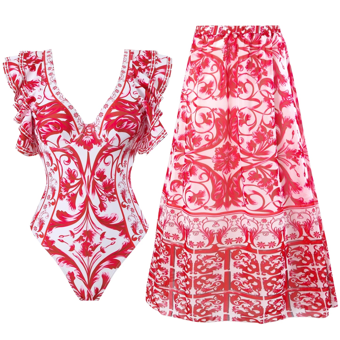 Blue One-Shoulder Ruffled Print Floral Swimsuit Set Cover Up Single Piece Micro Monokini Sexy Swimwear For Girls Summer Beach