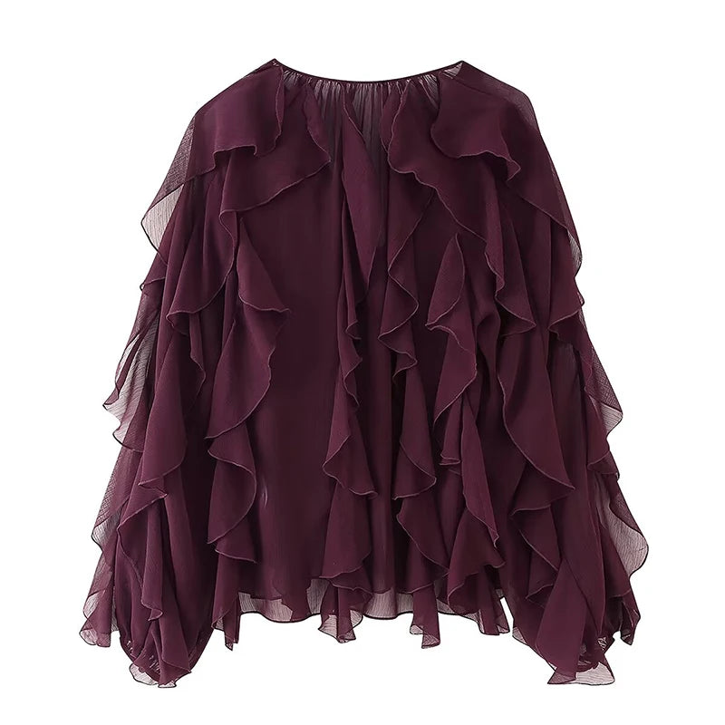 YENKYE New 2025 Women Sexy Semi-sheer Ruffle Shirt Long Sleeve V Neck Front Button Autumn Blouse Burgundy Blusas Mujer
