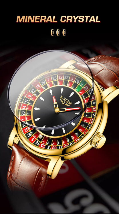 LIGE Fashion Men Watch Rotating Dial Las Vegas Roulette Desktop Theme Watch Men Waterproof Luminous Clock Watches Creative Clock