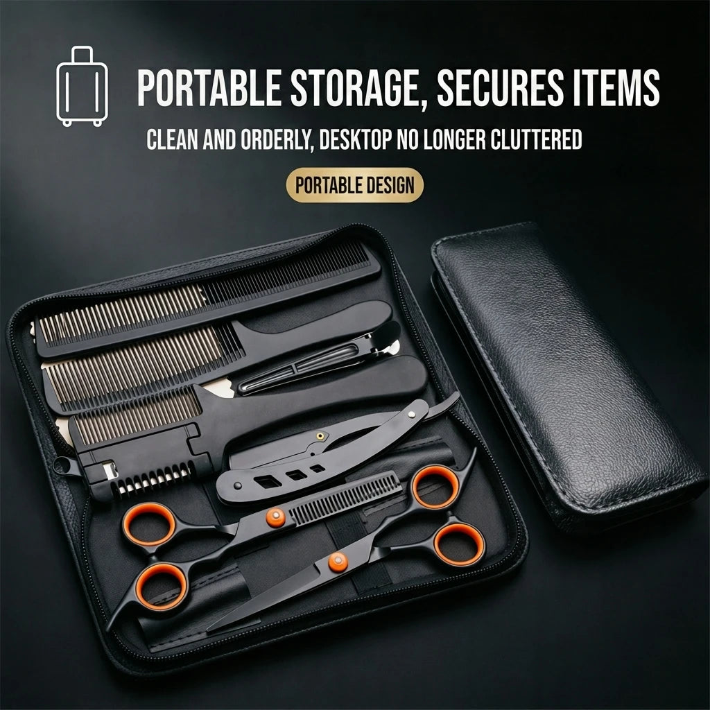 Home Salon Hair Styling Cutting Shears Set Stainless Steel Barber Thinning Scissors Kit with Razor Comb Hairpin Carry Bag 1001